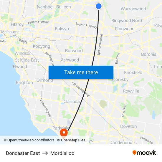 Doncaster East to Mordialloc map