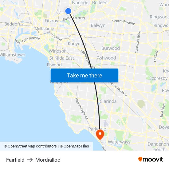 Fairfield to Mordialloc map