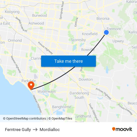 Ferntree Gully to Mordialloc map