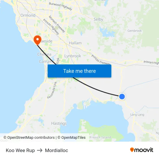 Koo Wee Rup to Mordialloc map