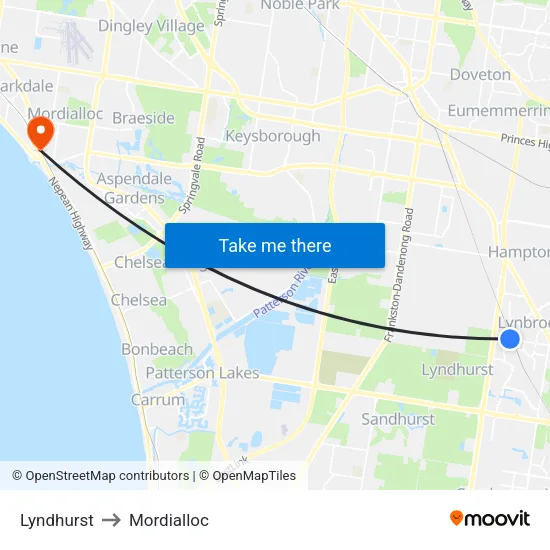 Lyndhurst to Mordialloc map