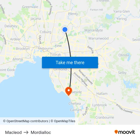 Macleod to Mordialloc map