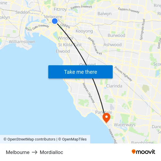 Melbourne to Mordialloc map