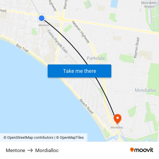 Mentone to Mordialloc map