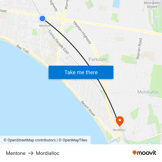 Mentone to Mordialloc map