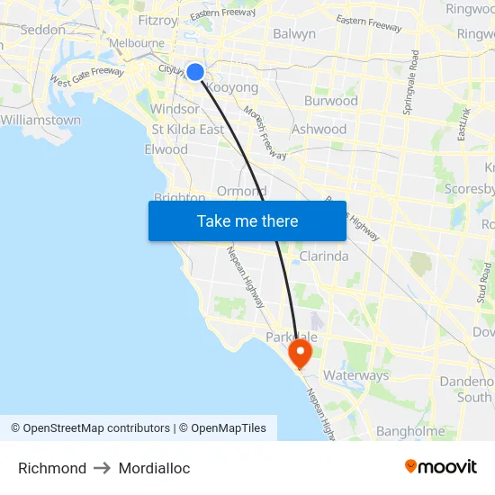 Richmond to Mordialloc map