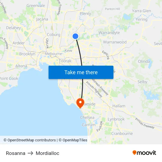 Rosanna to Mordialloc map