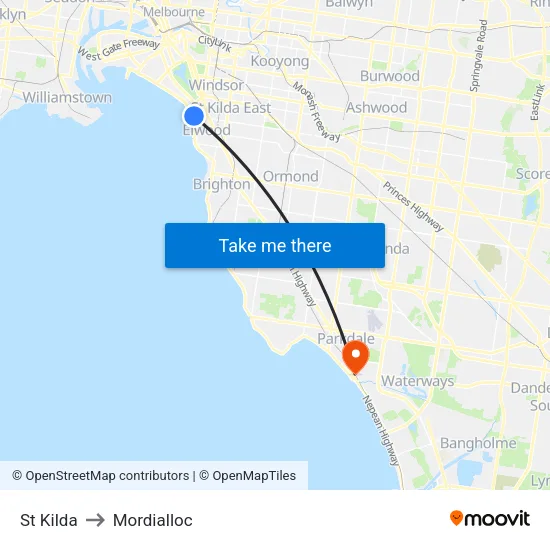 St Kilda to Mordialloc map