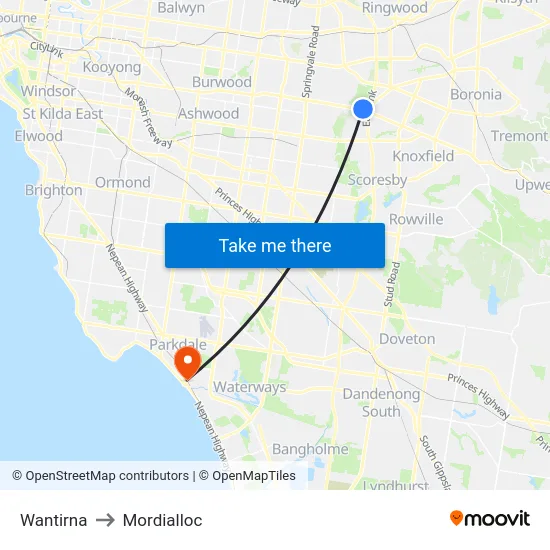 Wantirna to Mordialloc map