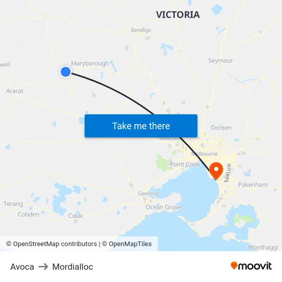 Avoca to Mordialloc map