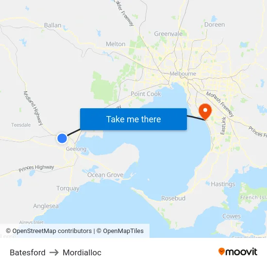 Batesford to Mordialloc map