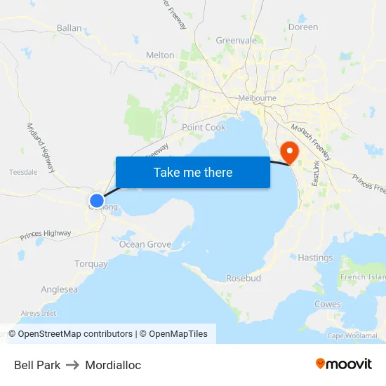 Bell Park to Mordialloc map