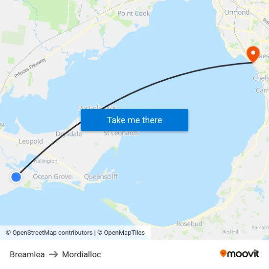 Breamlea to Mordialloc map