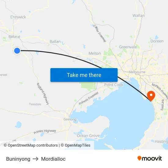 Buninyong to Mordialloc map