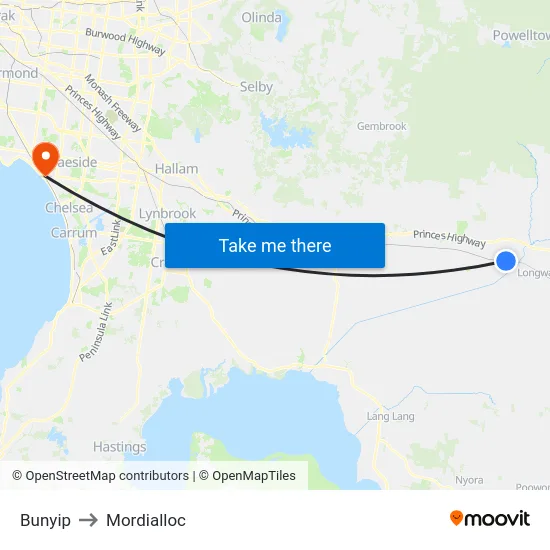 Bunyip to Mordialloc map