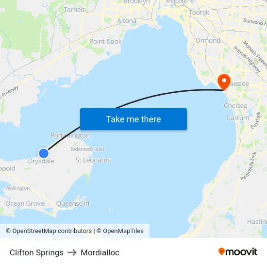 Clifton Springs to Mordialloc map