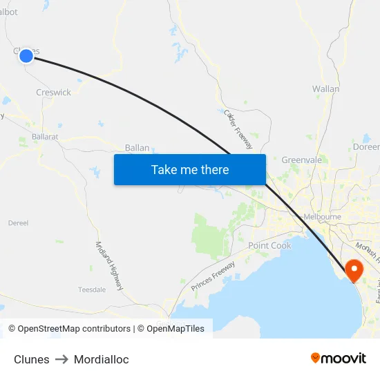 Clunes to Mordialloc map