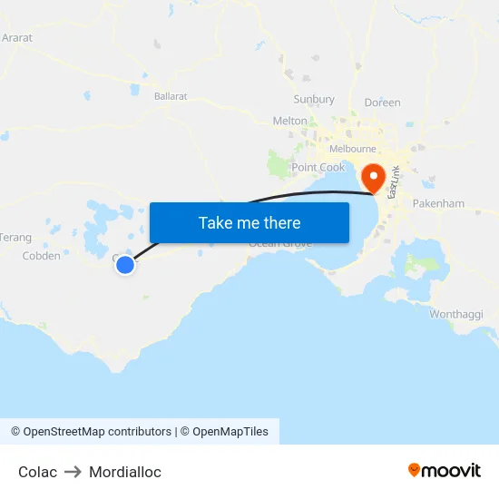 Colac to Mordialloc map