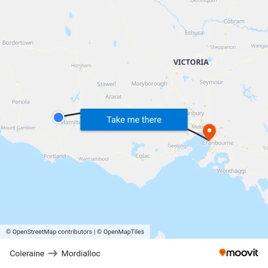 Coleraine to Mordialloc map