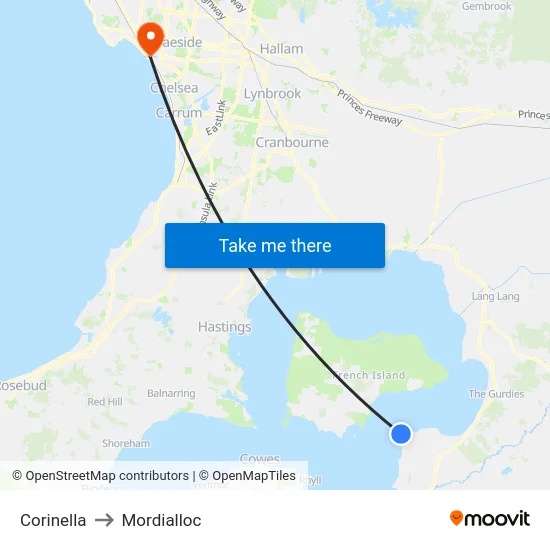 Corinella to Mordialloc map