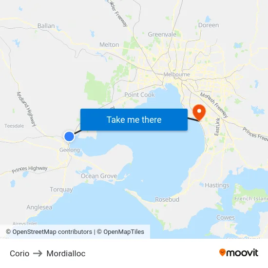 Corio to Mordialloc map