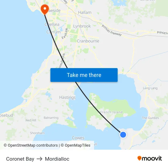 Coronet Bay to Mordialloc map