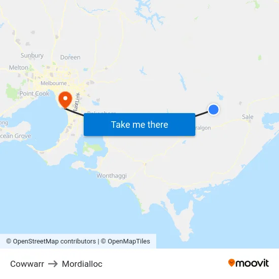 Cowwarr to Mordialloc map