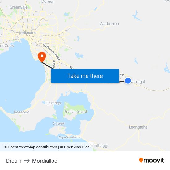 Drouin to Mordialloc map