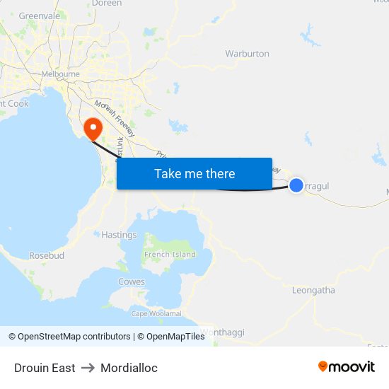 Drouin East to Mordialloc map