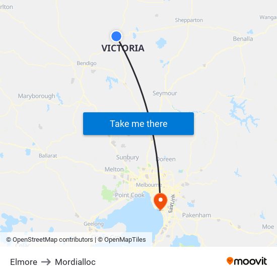 Elmore to Mordialloc map