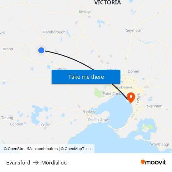 Evansford to Mordialloc map