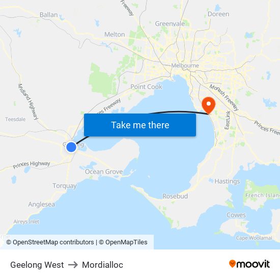 Geelong West to Mordialloc map