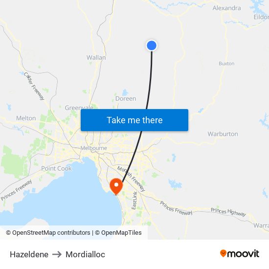 Hazeldene to Mordialloc map