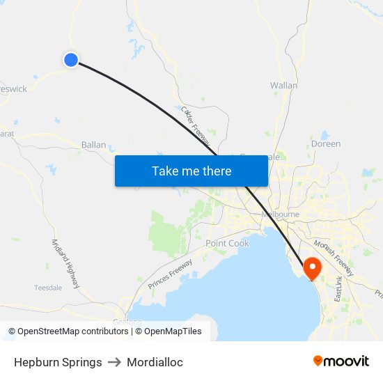 Hepburn Springs to Mordialloc map