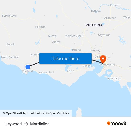 Heywood to Mordialloc map