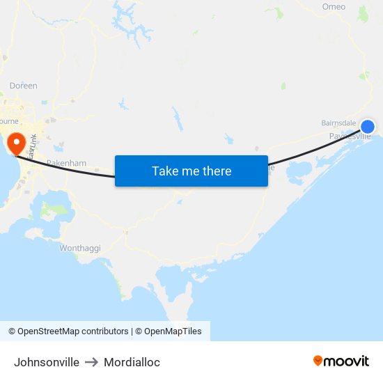 Johnsonville to Mordialloc map