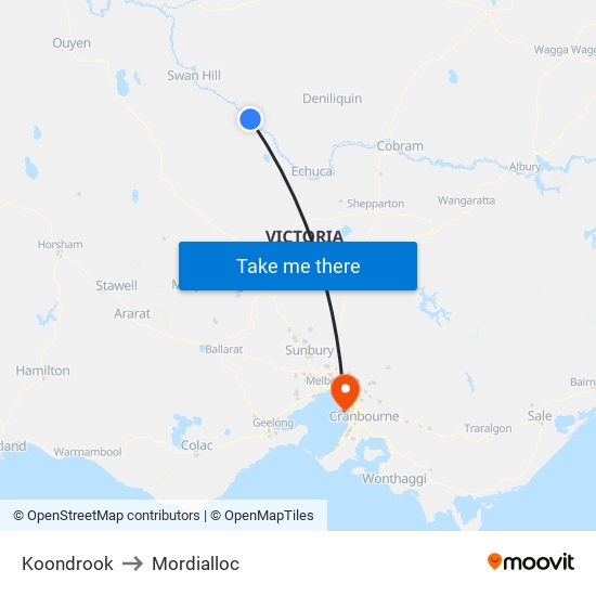 Koondrook to Mordialloc map