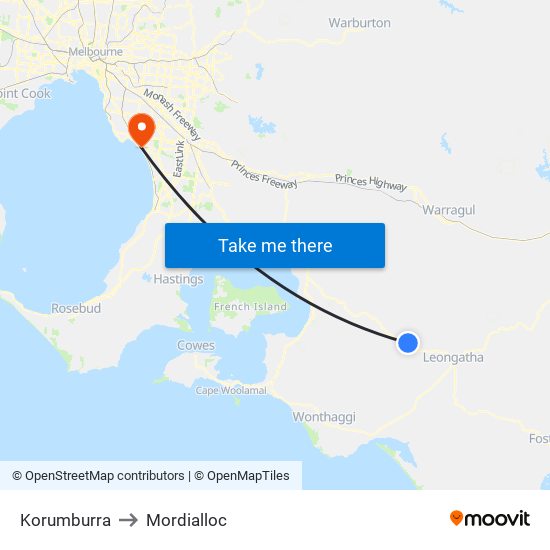 Korumburra to Mordialloc map