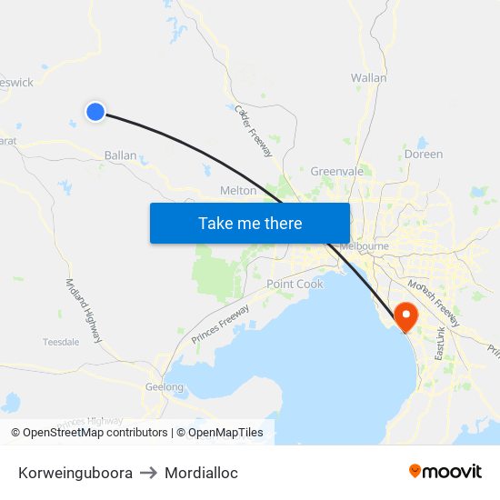 Korweinguboora to Mordialloc map