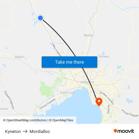 Kyneton to Mordialloc map