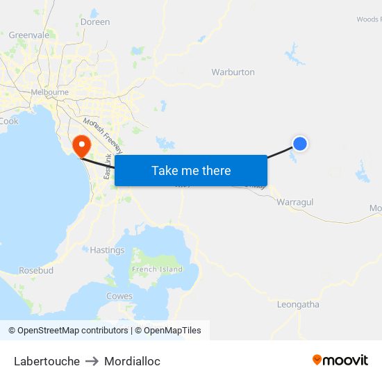 Labertouche to Mordialloc map