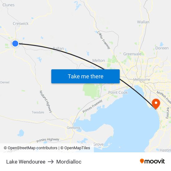 Lake Wendouree to Mordialloc map