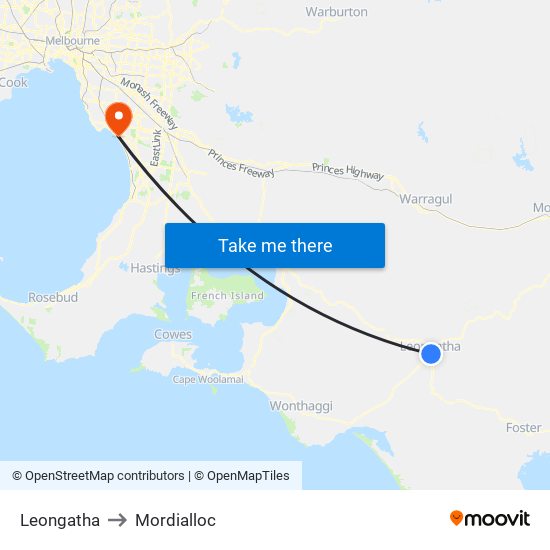 Leongatha to Mordialloc map