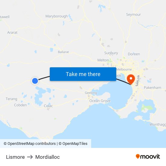 Lismore to Mordialloc map