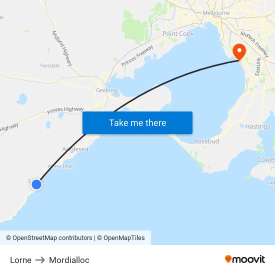 Lorne to Mordialloc map