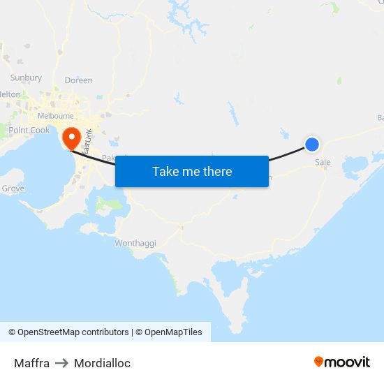 Maffra to Mordialloc map