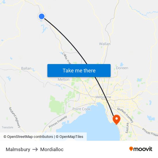 Malmsbury to Mordialloc map