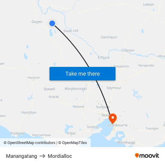 Manangatang to Mordialloc map