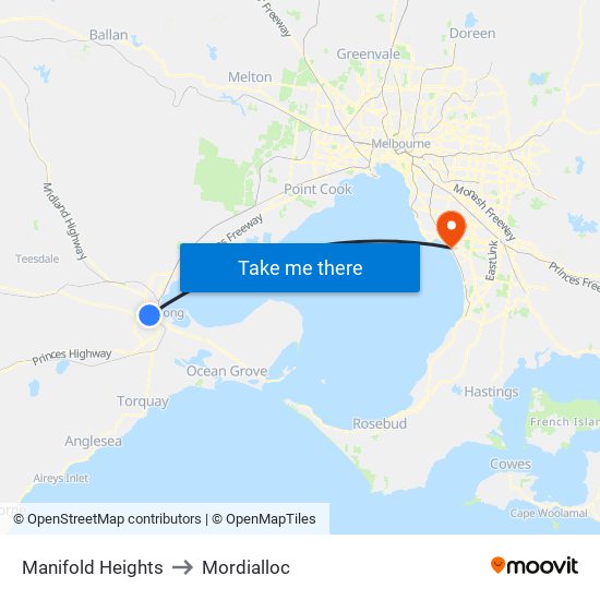 Manifold Heights to Mordialloc map