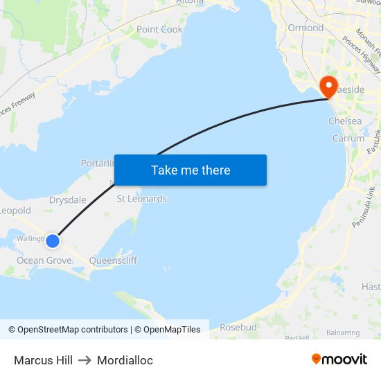 Marcus Hill to Mordialloc map